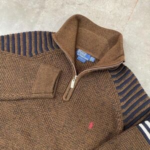 Polo by Ralph Lauren Brown Knit Quarter-Zip Sweater with Navy Stripes
